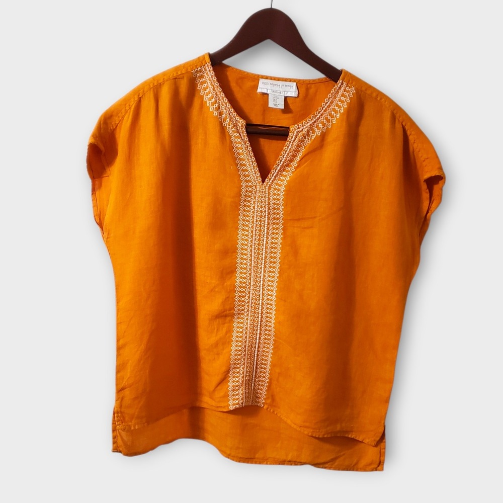 House of Harlow Boho 100% Linen Bib Embroidered Tunic Top Orange Small